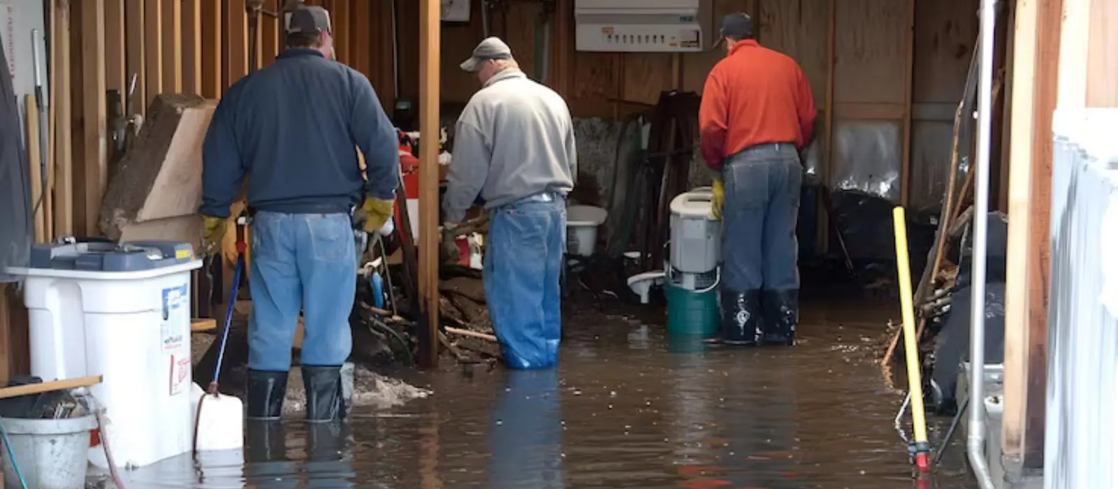 Crew members working in a basement with standing water