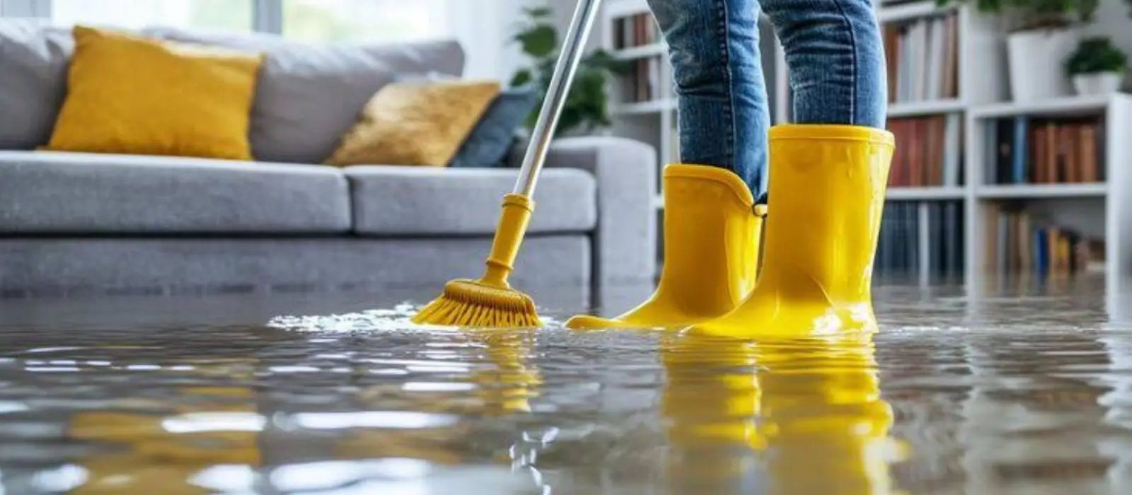 Person in yellow boots sweeping water across a flooded living room floor