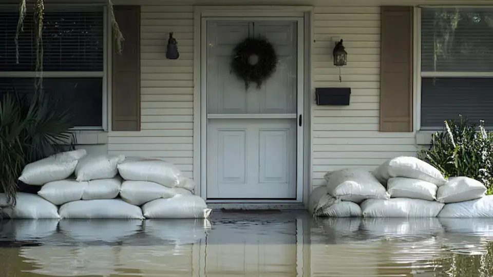 Sandbags stacked against a front door during flood preparation
