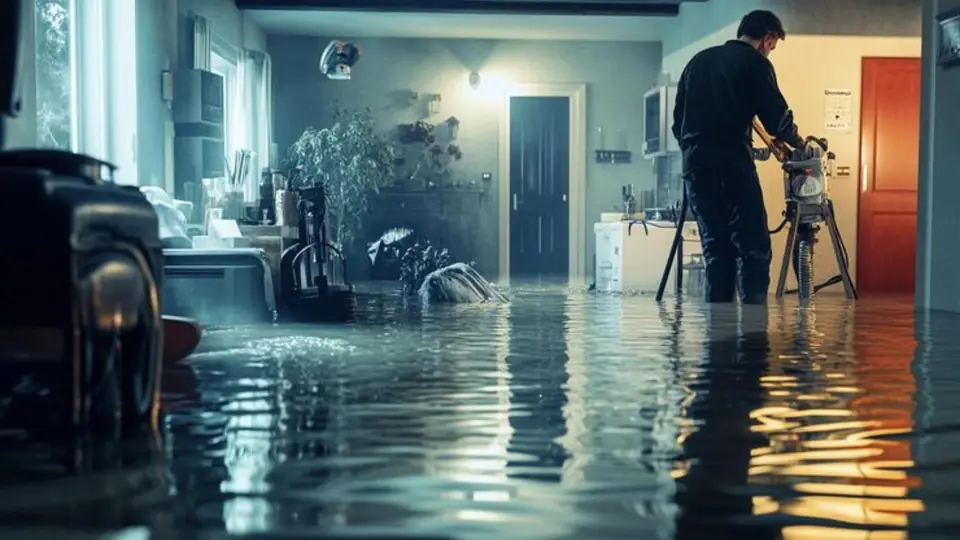 Technician setting up equipment in a room affected by water