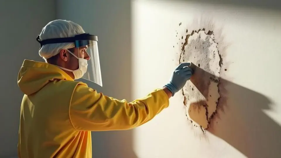 Worker in protective gear testing a moldy spot on a wall