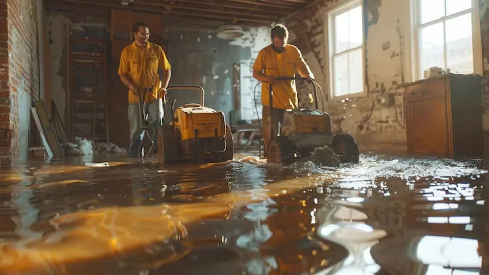 Two crew members using extraction equipment in a flooded room